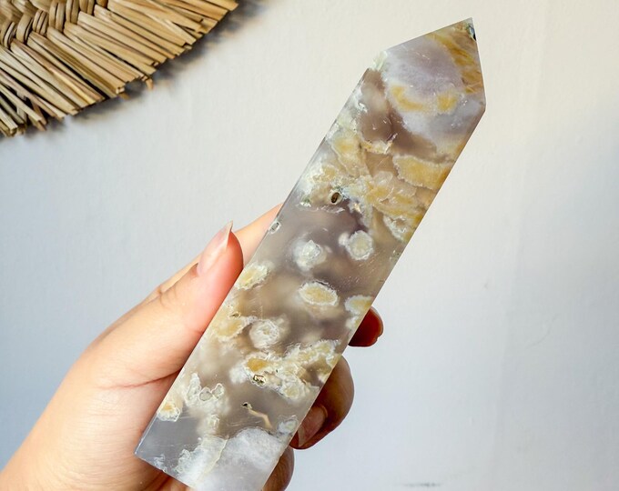 Premium Black flower agate crystal tower healing crystal home decor