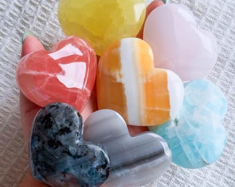 Rainbow crystal heart | rose calcite | mango calcite | mango calcite | lemon calcite | pink mangano calcite | green pistachio