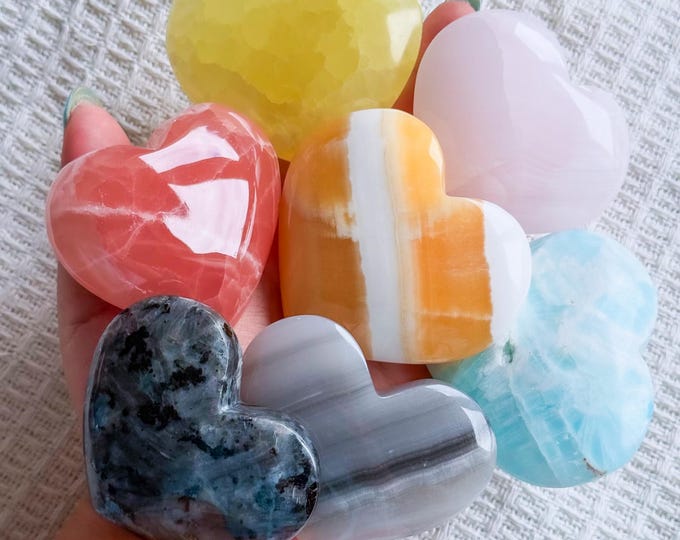 Rainbow crystal heart | rose calcite | mango calcite | mango calcite | lemon calcite | pink mangano calcite | green pistachio