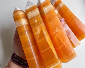 Orange calcite crystal tower|tall crystal wand healing crystal healing journey home decoration