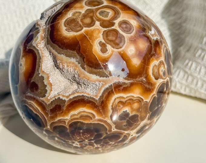 Rare Orbicular Chocolate Calcite sphere – Grounding Crystal for Emotional Healing & Home Decor