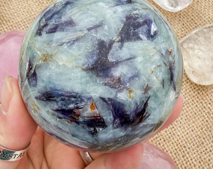 Aquamarine Crystal Sphere with pink tourmaline  Lepidolite,kyanite & Smoky Quartz | Natural Gemstone Sphere | Crystal Decor | Collector Gift