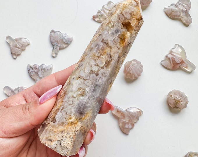 Premium yellow flower agate (pk) Crystal tower | yellow flower agate crystal tower healing crystal home decor |unique home decor|