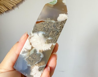 Premium Black flower agate crystal tower healing crystal home decor