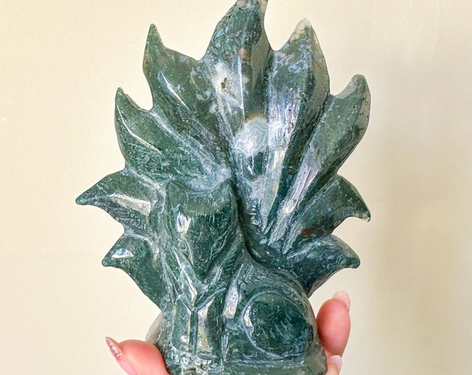 Moss agate nine tail fox| moss agate home decoration | crystal fox carving | healing crystal | birthstone gifts| wedding anniversary gift