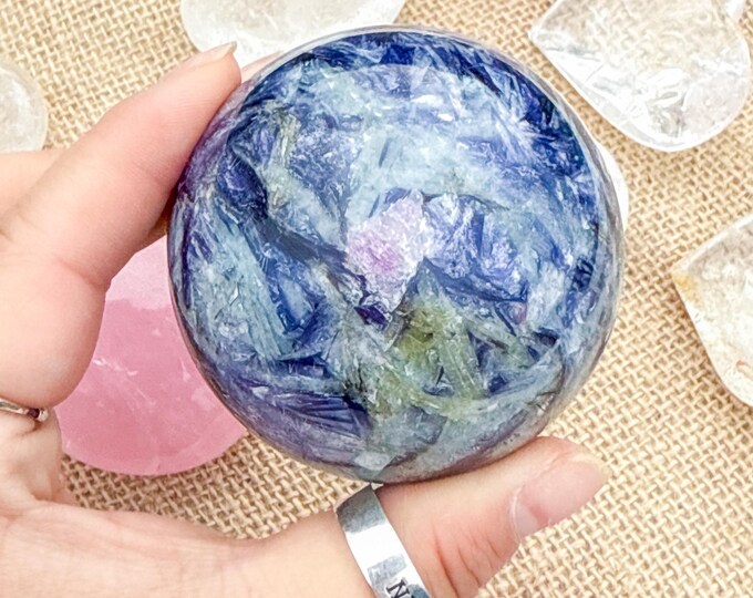 Aquamarine Crystal Sphere with pink tourmaline  Lepidolite,kyanite & Smoky Quartz | Natural Gemstone Sphere | Crystal Decor | Collector Gift