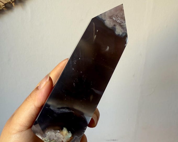 Premium Black flower agate crystal tower healing crystal home decor