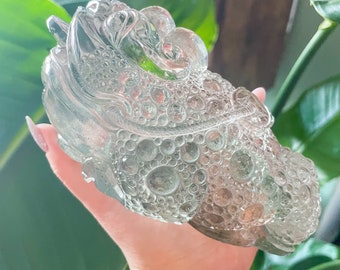 Premium chlorite clear quartz Gold Toad natural crystal carving   | High end crystal carving | fengshui home decor