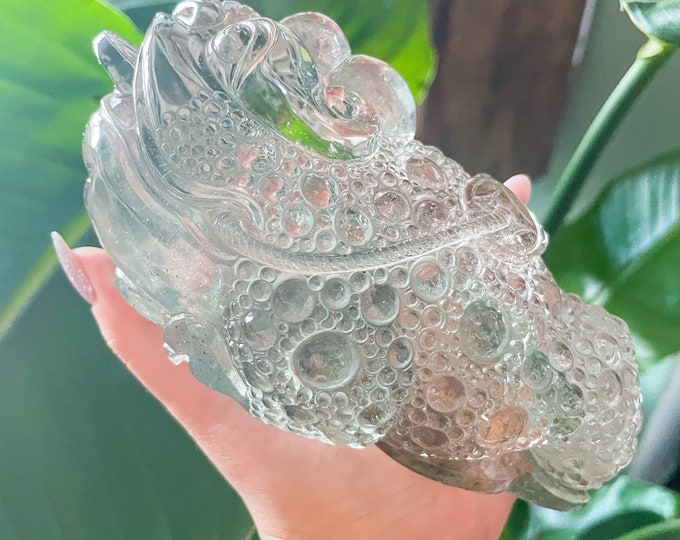 Premium chlorite clear quartz Gold Toad natural crystal carving   | High end crystal carving | fengshui home decor