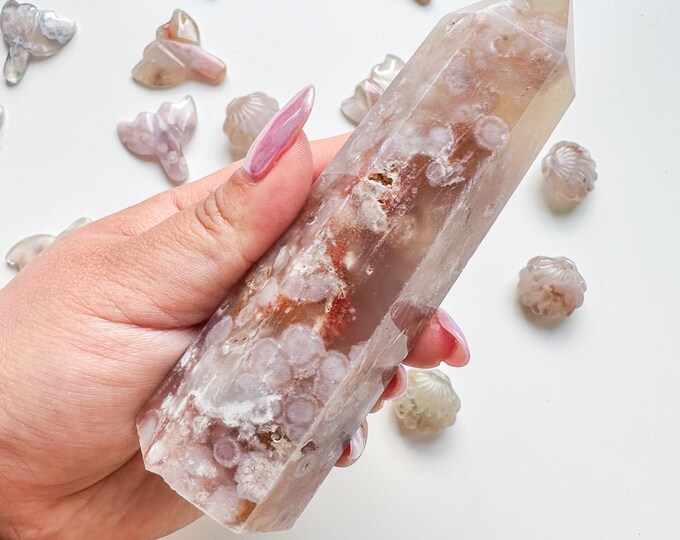 Premium pink flower agate (pk) Crystal tower | pink flower agate crystal tower healing crystal home decor |crystal gift |unique home decor|