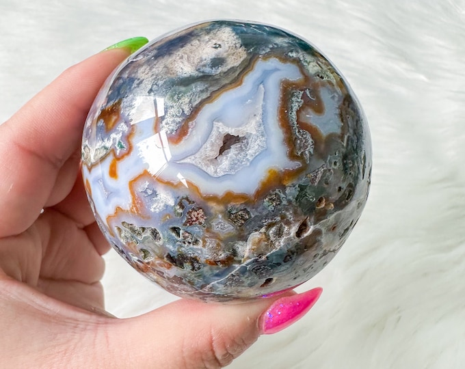 Druzy Ocean Jasper with blue chalcedony crystal sphere| crystal home decor