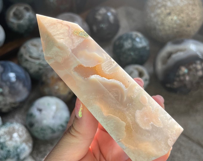 flower agate geode Crystal tower Premium pink flower agate crystal tower healing crystal home decor
