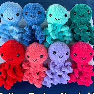 May include: Ten crocheted octopus plushies in various colors, including blue, green, red, pink, and purple. Each octopus has a smiling face and eight tentacles.