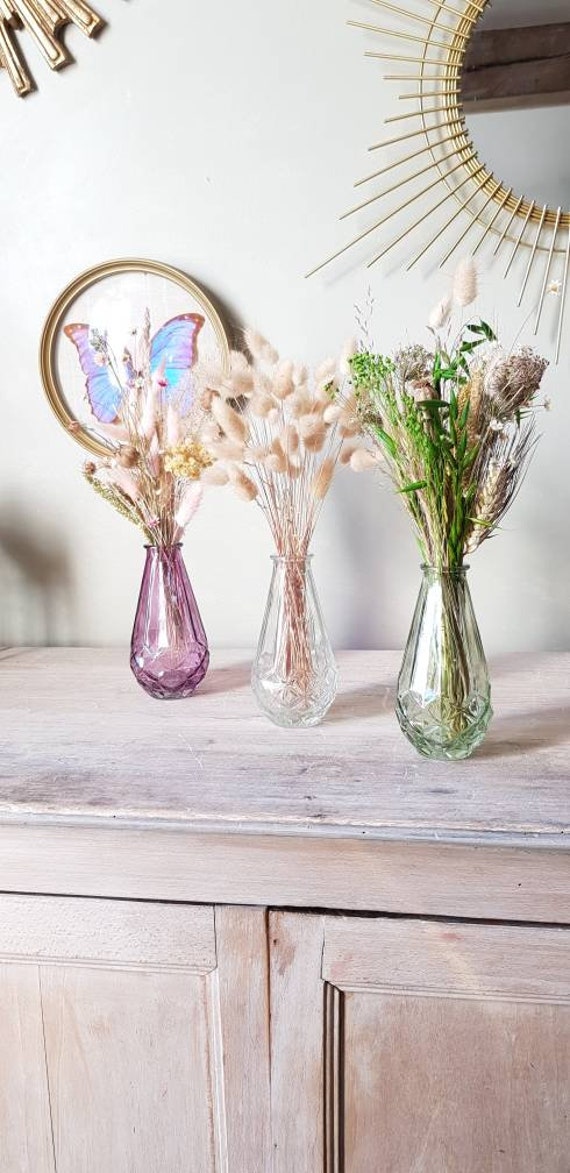 Vase en Verre Facetté, Violine, Vert ou Transparent. Style Rétro