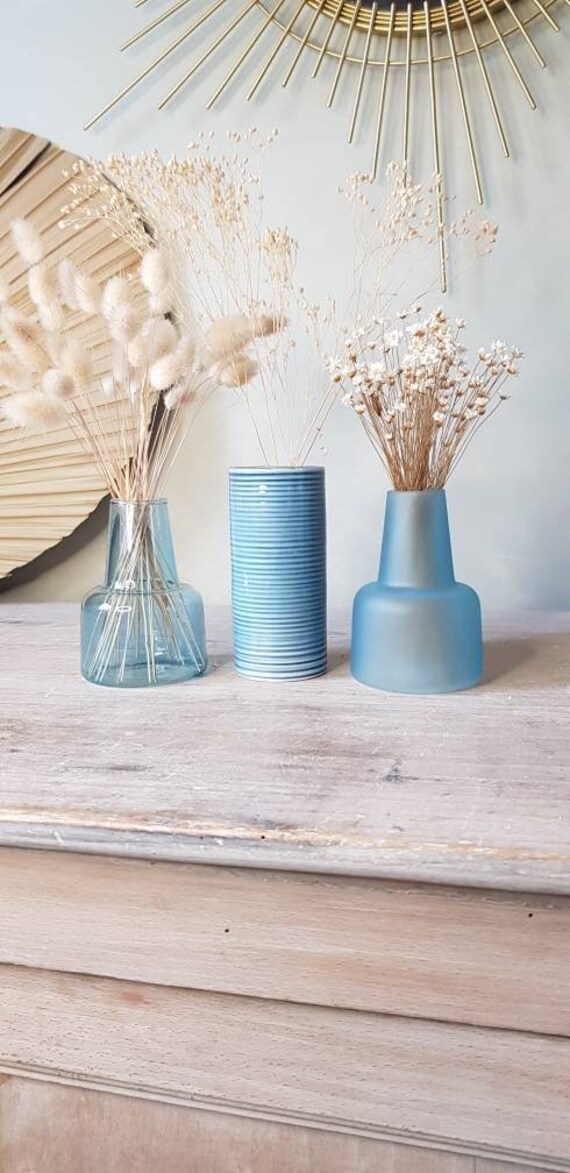 Vases en Verre et Céramique. Camaieu de Bleus