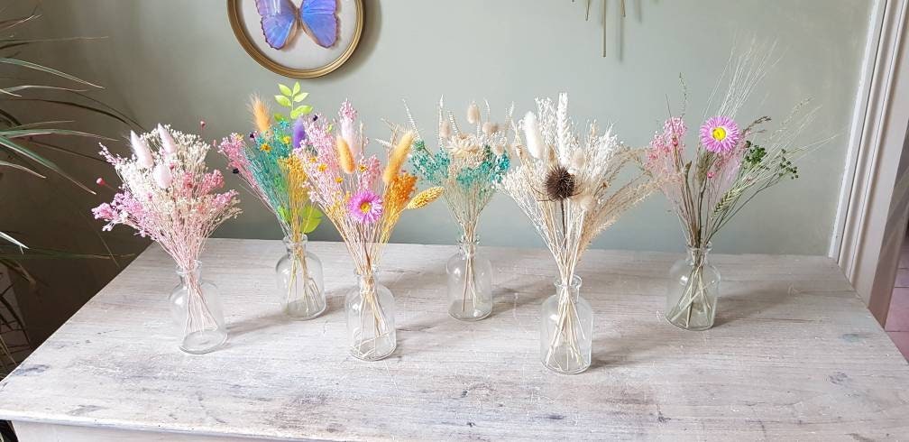 Petit Bouquet de Fleurs Séchées avec Vase en Verre. Couleurs Aux Choix