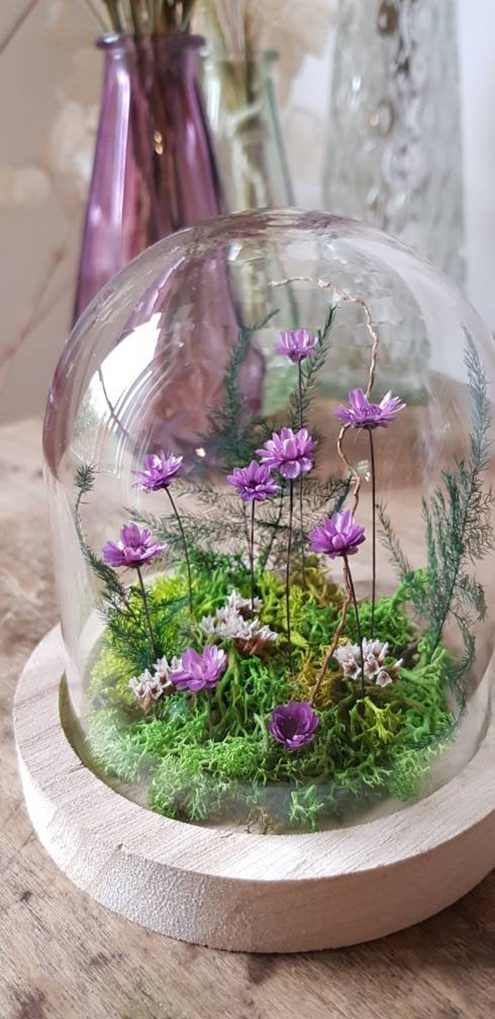 Jardin sous cloche en verre fait main fleurs séchées mauves Etsy