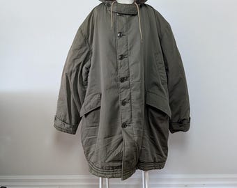 May include: An olive green parka coat featuring a dark brown faux fur-lined hood with a drawstring, a front button closure, two large flap pockets at the hips, and long sleeves with adjustable cuffs. The coat has a quilted texture throughout.