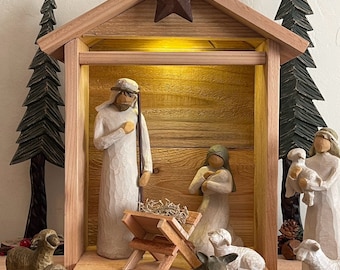 Handmade Rustic Wood Stable or Crèche and Manger For Willow Tree Nativity Lighted