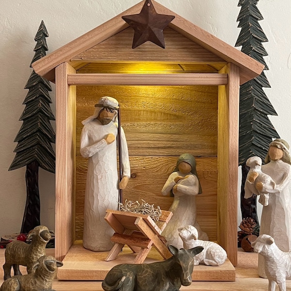 Handmade Rustic Wood Stable or Crèche and Manger For Willow Tree Nativity Lighted