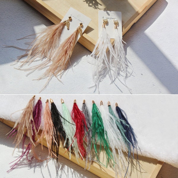 6pcs Ostrich Feather Tassel Earrings Charm Earring Supply- Shape pendant-Earring connector-Earring findings-jewelry supply 130mm*10mm