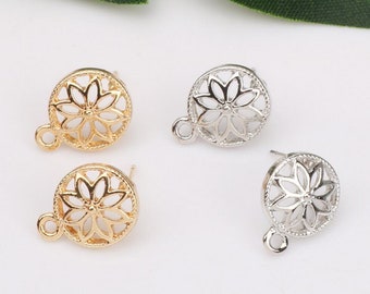 6pcs Zn Alloy Plated Matted Gold Earring Charm Earring Supply Round Flower Shape Earring connector-Earring findings-jewelry supply 15mm