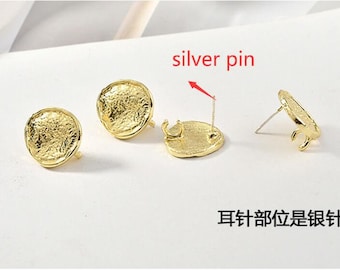 6pcs Zn Alloy Plated Gold Earring Supply Charms Round Shape Earring with Silver Pin connector-Earring findings-jewelry supply 15mm