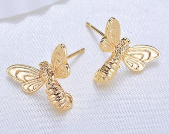6pcs Zn Alloy 18KC Plated Gold Earring Stud Post Earring Supply- 3D Bee Shape Earring connector-Earring finding-jewelry supply 13mm*17mm