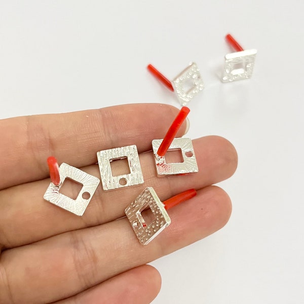 6pcs Zn Alloy Plated Silver Earring Charm Supply Earring Post/stud Square Shape Earring connector-Earring findings-jewelry supply 12MM