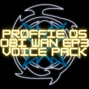 Op de afbeelding: Een neonbord op een zwarte achtergrond. Het bord toont de tekst "PROFFIE OS OBI WAN EP3 VOICE PACK" in een gele, blokkerige letter. De tekst wordt omringd door een wit en blauw ontwerp.