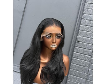 16" Kolsvart Lace Front Peruk med Syntetiskt Hår, 13*6" Transparent, 13"