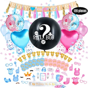 Gender Reveal Decorations -Party Supplies Pink and Blue - Baby Reveal Backdrop - Baby Shower deco - 120 Pcs Boy/Girl Kit for 24 Guests