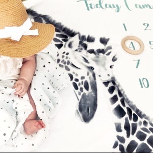Neutral Gender Baby Milestone Blanket Set - Comes with 24 Baby Cards & Wooden Ring Teether to circle the Month - Best Baby Gift - Giraffes