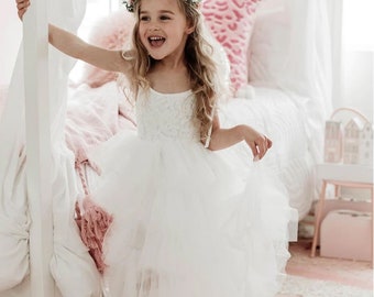 Little Girl Summer Dress - Princess Birthday Party - Gown Lace Flower Girl Wedding - Fancy Dress Lace Photoshoot - Boho Style - White