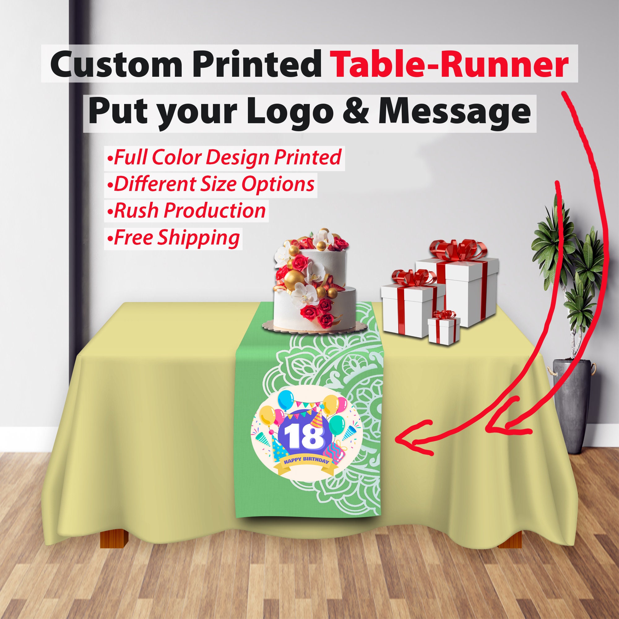 Custom Table Runner full color printed Logo with FB/IG links Etsy