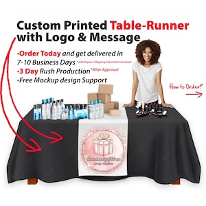 Custom Table Banner, Personalized with your Message and Logo, Craft show table runner, customized logo Runner Multiple sizes Available image 1
