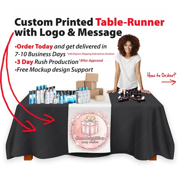 Custom Table Banner, Personalized with your Message and Logo, Craft show table runner, customized logo Runner Multiple sizes Available