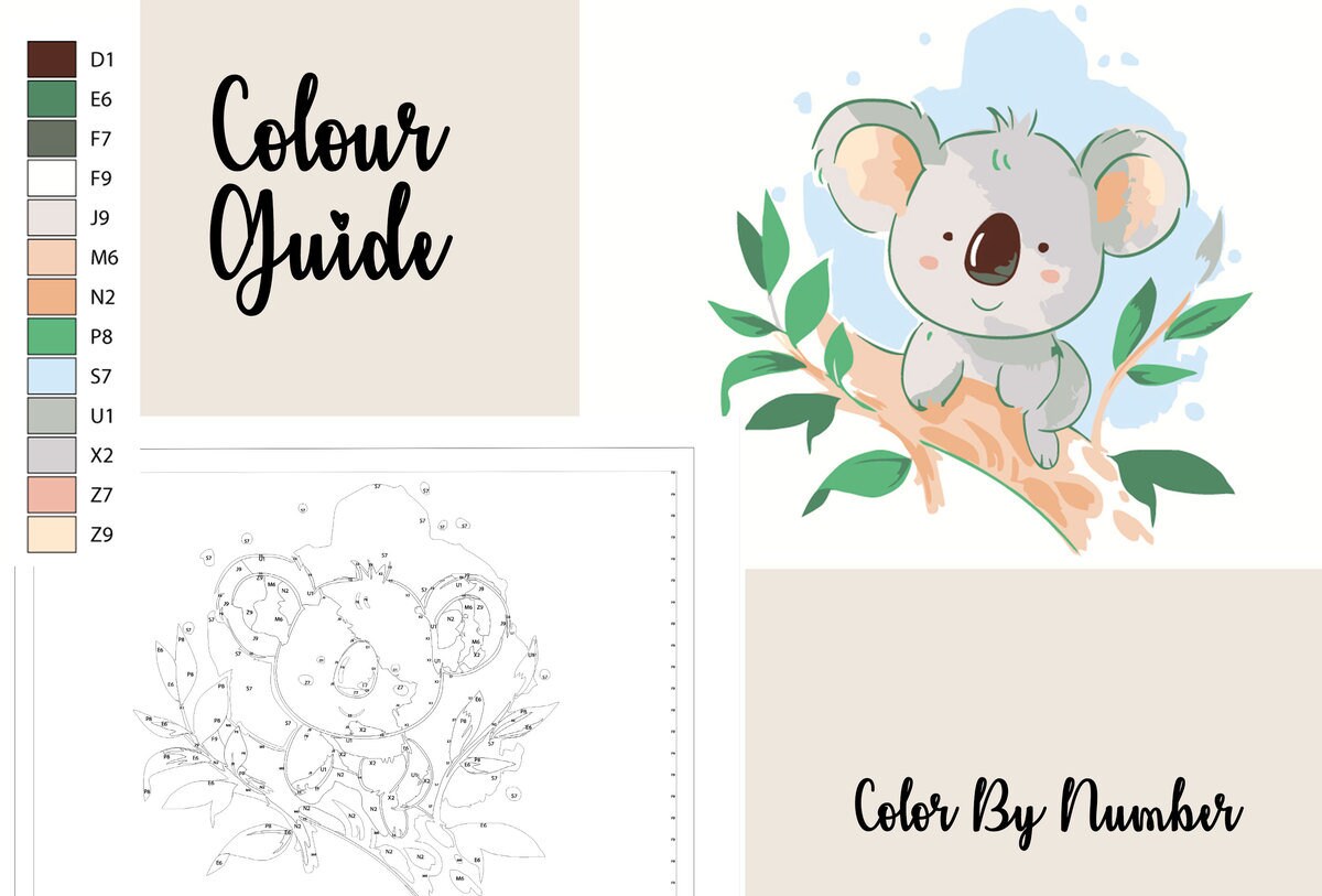 cute koala printable coloring page painting by numbers home etsy canada