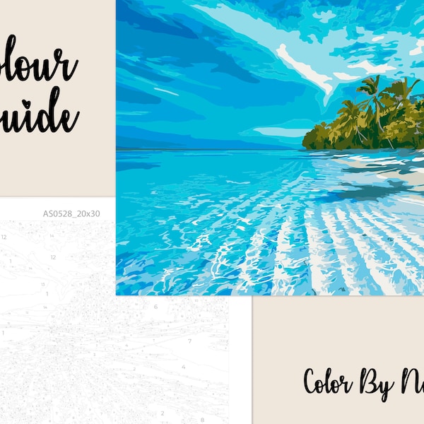 Ocean Art Color By Number Kit Printable Beach Color By Number Nature Art Project DIY Painting Palm Trees Paint By Number Kit AS0528