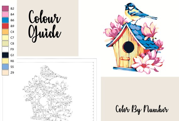 Birdhouse Painting By Number Printable Color By Numbers Kit Floral Painting Art Project Nesting Box DIY Painting Bird Painting Kit AS0084