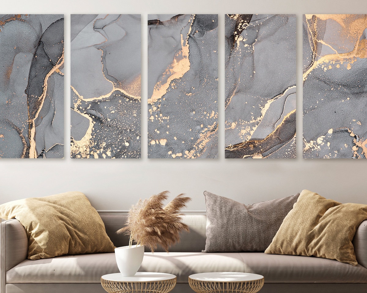 Grey Marble Canvas Wall Art Gold and Grey Wall Art Oil Art Etsy