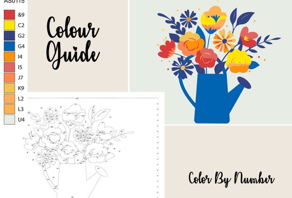 Flowers in Watering Can Art Project DIY Painting Flower Paint By Number Kit Color By Number Kit Printable Flowers Color By Number AS0115