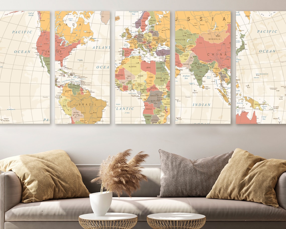 World Map 5pc Canvas Wall Art Picture With Frame Globe Canvas | Etsy