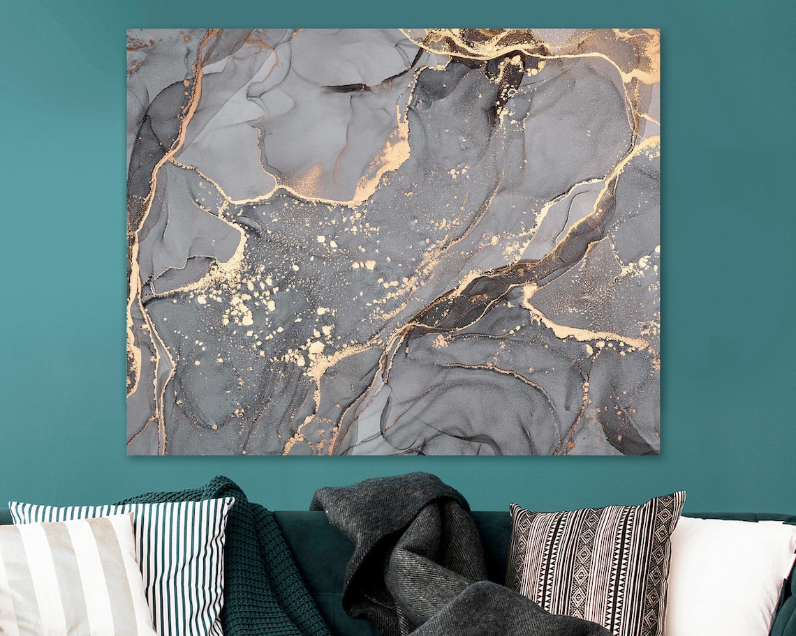 Grey Marble Canvas Wall Art Gold and Grey Wall Art Oil Art Etsy