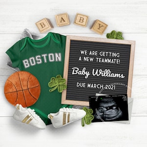 BASKETBALL Baby, Schwangerschaft Ankündigung für Social Media, Boston Sport Fan, Baby Reveal Idee, Foto für Instagram. Alle Teamfarben.