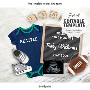 Digitale Babymitteilung / Schwangerschaftsankündigung / Bearbeitbare Vorlage / Seattle Football / DIY zum Teilen in sozialen Medien / Macht JEDES TEAM