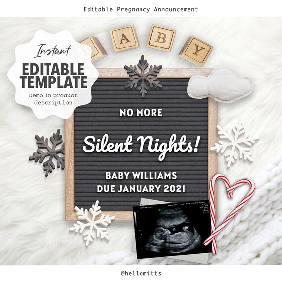 Editable Digital Pregnancy Announcement, Christmas Winter Due December