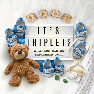 TRIPLETS Gender Reveal, Idea de anuncio de embarazo, Anuncio de bebé personalizado para la imagen de publicación en redes sociales para Instagram. Cualquier color de zapato