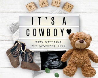 Pregnancy Announcement Digital, Cowboy Baby, Personalized Reveal Idea, Virtual Announce Photo Image for Social Media, Baby Boots.