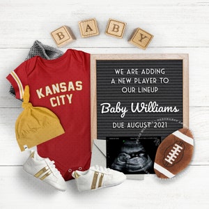 FOOTBALL Baby, Pregnancy Announcement for Social Media Digital, Kansas City, Gender Reveal, Instagram Photo. Any Team Colors.